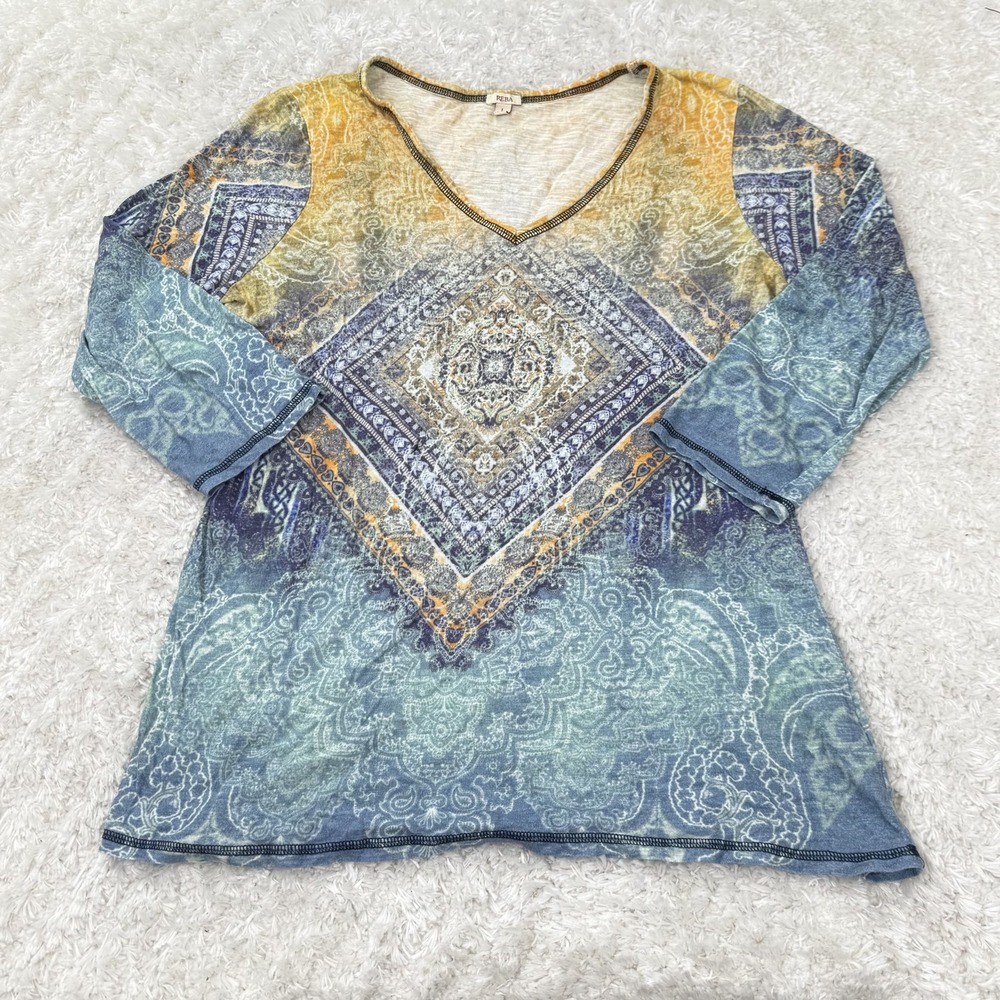 Reba Shirt Womens Large Boho Paisley V Neck 3/4 Sleeve Top
